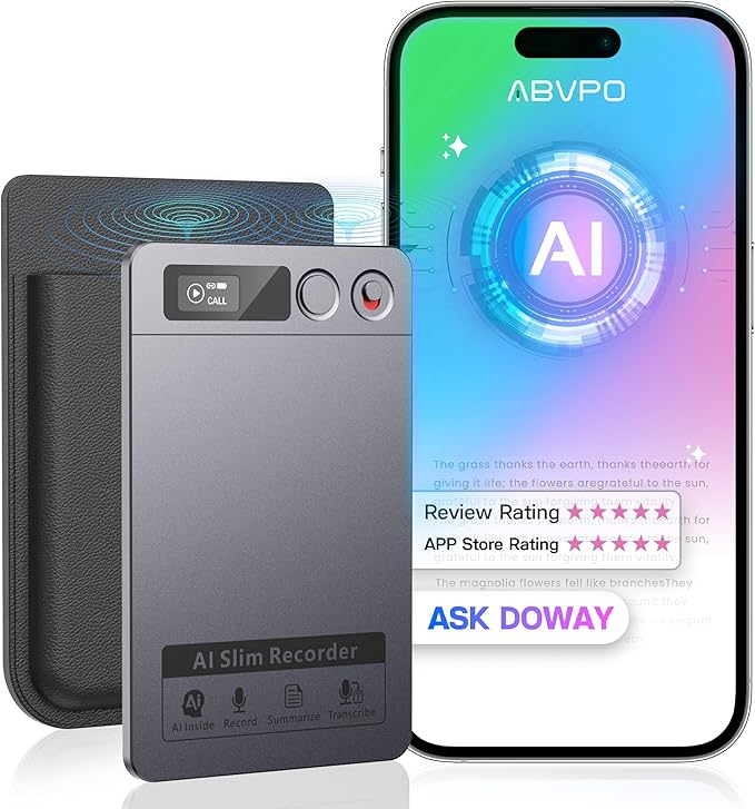AI Slim Recorder device beside a smartphone displaying an AI interface on a gradient screen